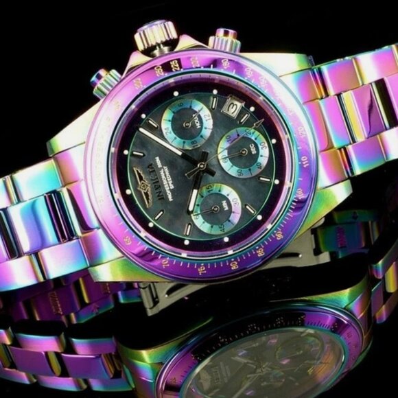 Invicta 40mm Crazy IRIDESCENT Speedway Chrono Black MOP Dial SS Watch - Picture 3 of 5